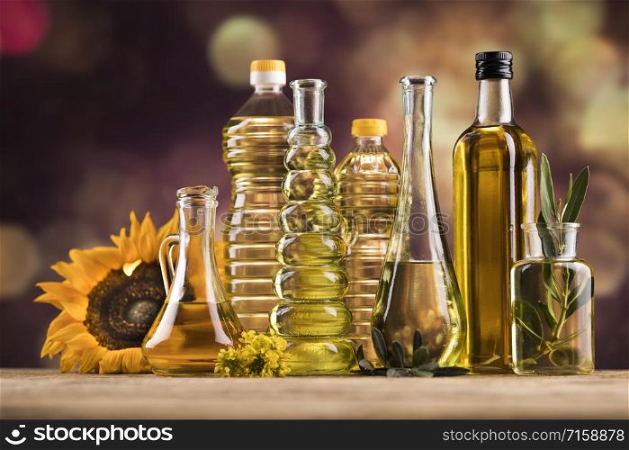 Healthy oil from sunflower, olive, rapeseed oil. Cooking oils in bottle
