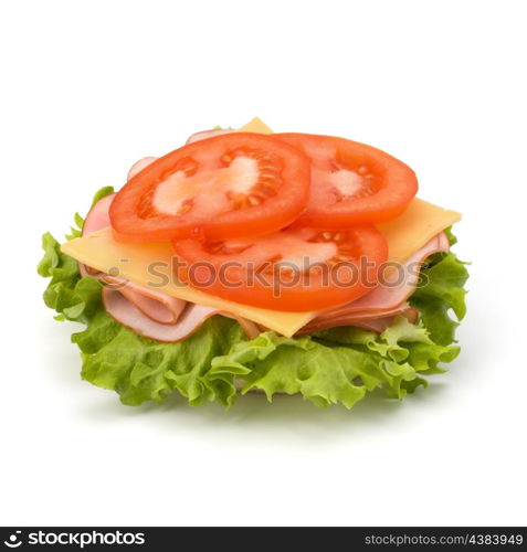 Healthy open sandwich with lettuce, tomato, smoked ham and cheese isolated on white background