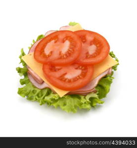 Healthy open sandwich with lettuce, tomato, smoked ham and cheese isolated on white background