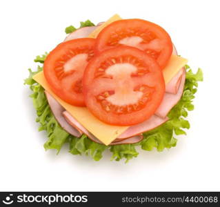 Healthy open sandwich with lettuce, tomato, smoked ham and cheese isolated on white background