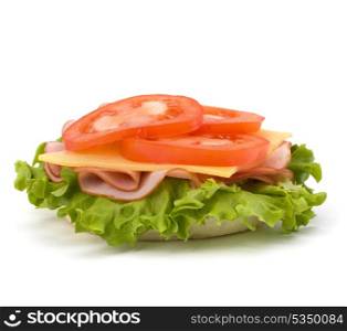 Healthy open sandwich with lettuce, tomato, smoked ham and cheese isolated on white background