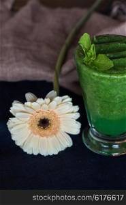 Healthy organic green smoothie with basil mint and lemon. Healthy organic green smoothie