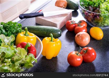 Healthy organic Variety of vegetable food products on grey, Food background. Top view