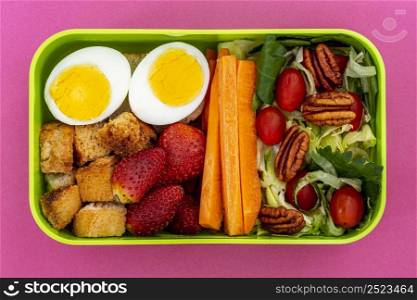 healthy packed food arrangement flat lay