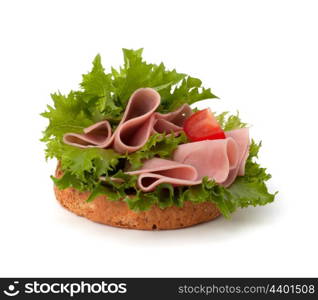 healthy sandwich with lettuce and smoked ham isolated on white background