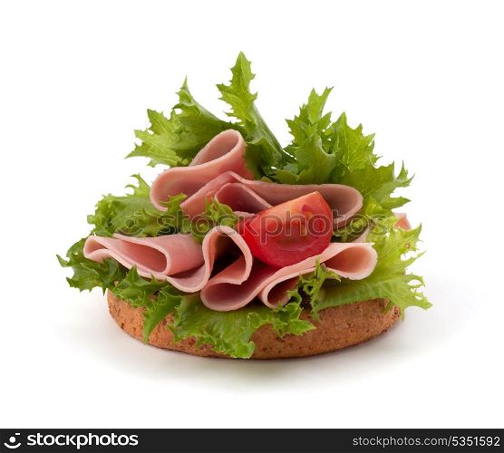 healthy sandwich with lettuce and smoked ham isolated on white background