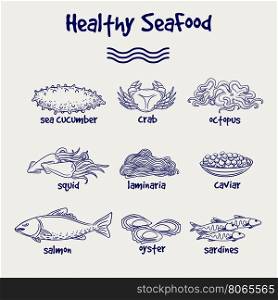 Healthy seafood set in ball pen style. Hand drawn healthy seafood set in ball pen drawing style. Vector illustration