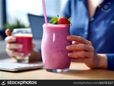 Healthy smoothie with berries for young women lunch break.AI Generative