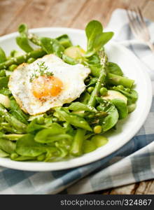 Healthy spring green salad with egg served on white plate