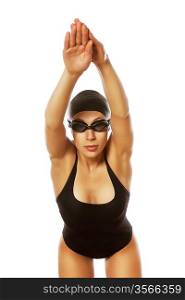 healthy swimmer woman in swim-wear on white background