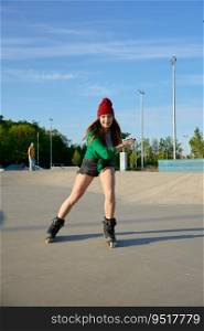 Healthy teenager girl enjoys rollerblading speed moves. Active rest and sport training in summer. Healthy teenager girl enjoys rollerblading speed moves