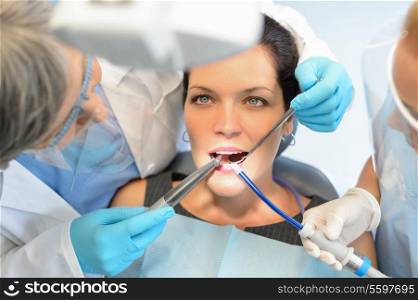 Healthy teeth woman patient at dentist office dental caries prevention