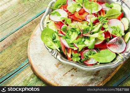 Healthy vegetable salad made from radish,pepper,cabbage and greens. Summer vegan salad