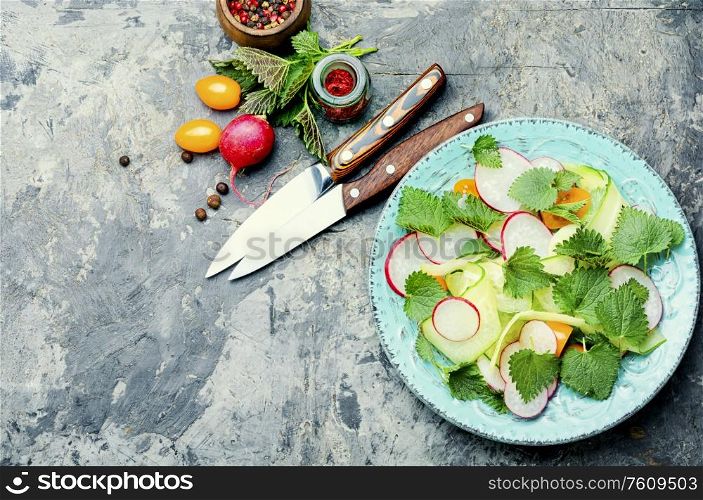 Healthy vegetable salad of nettle on plate.. Fresh nettle salad