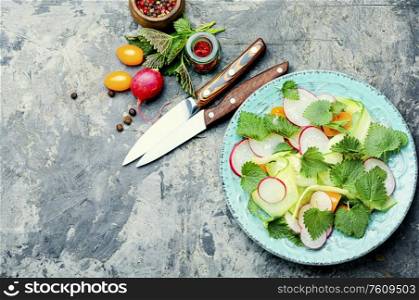 Healthy vegetable salad of nettle on plate.. Fresh nettle salad