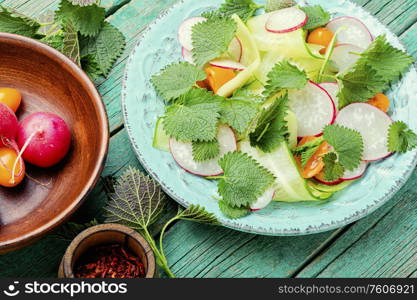 Healthy vegetable salad of nettle on plate.Healthy food concept. Fresh vegetable salad