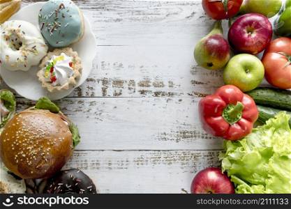 healthy vs unhealthy food wooden table