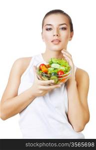 healthy woman and salad on white background