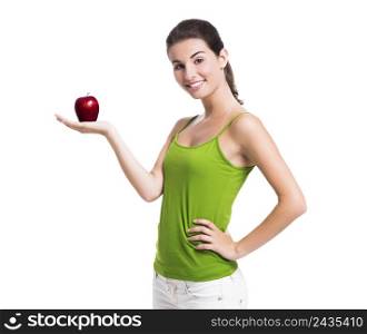 Healthy woman eating a fresh apple, isolated over a white background