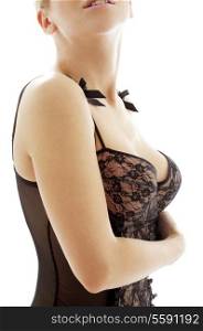 healthy woman in black lace lingerie over white