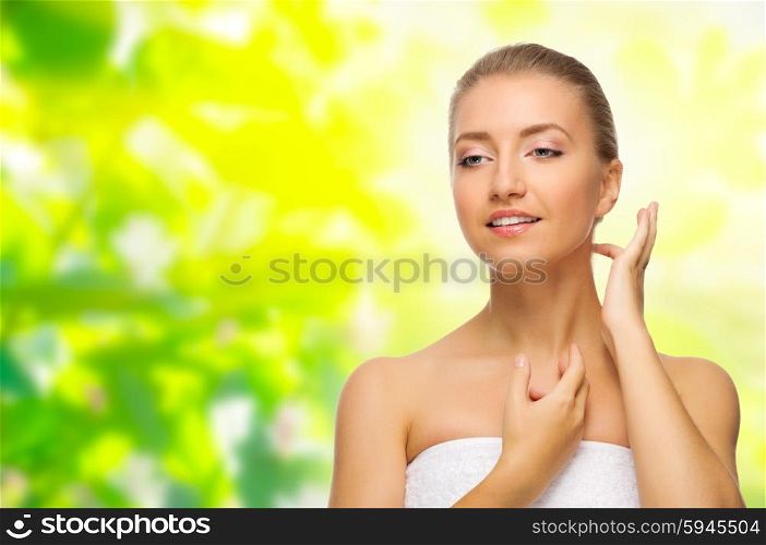 Healthy woman on spring floral background