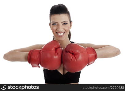 Healthy woman practicising boxing over isolated white background