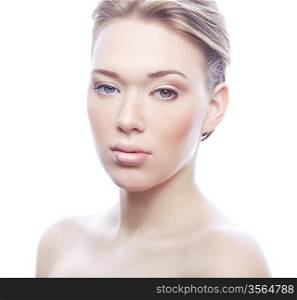 healthy woman with clean skin and different eyes on white background