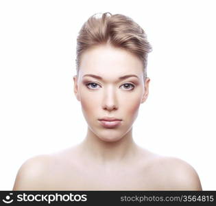 healthy woman with clean skin on white background