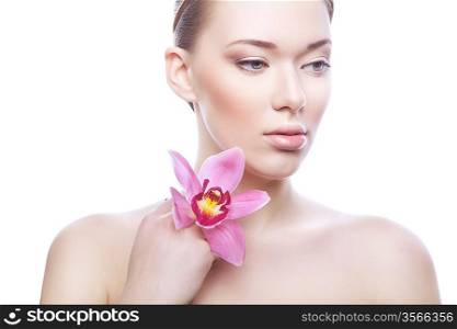 healthy woman with flower on white background
