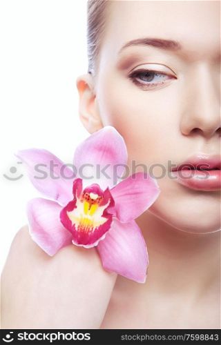 healthy woman with pink flower on white background