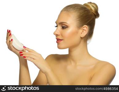 Healthy woman with soap isolated