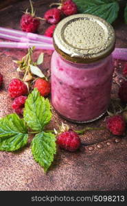 Healthy yogurt with raspberries. Raspberry yogurt ,dessert with ripe berries in a glass