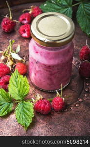 Healthy yogurt with raspberries. Raspberry yogurt ,dessert with ripe berries in a glass