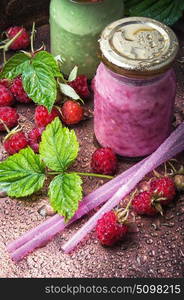 Healthy yogurt with raspberries. Raspberry yogurt ,dessert with ripe berries in a glass