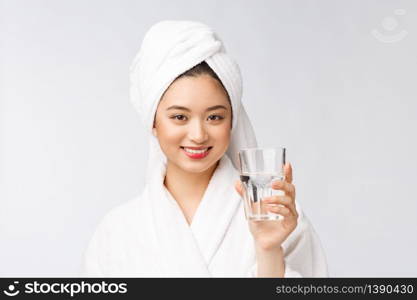 Healthy young beautiful woman drinking water, beauty face natural makeup, isolated over white background. Healthy young beautiful woman drinking water, beauty face natural makeup, isolated over white background.