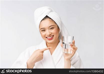 Healthy young beautiful woman drinking water, beauty face natural makeup, isolated over white background. Healthy young beautiful woman drinking water, beauty face natural makeup, isolated over white background.