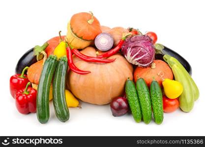 Heap different fruits, vegetables and berries isolated on white background