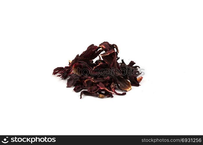 Heap of aromatic Hibiscus tea (karkade), isolated on white background