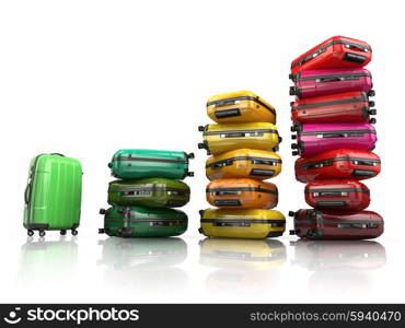 Heap of baggage.Travel or tourism development concept. Grouth of amount of transportations. 3d