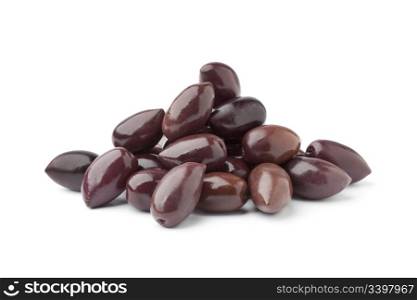 Heap of black Calamata olives on white background