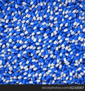 Heap of blue and white capsules, three-dimensional computer graphic.