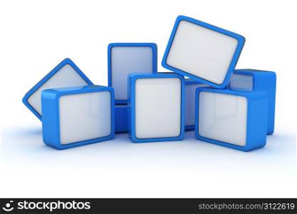 Heap of blue and white cubes on the white background