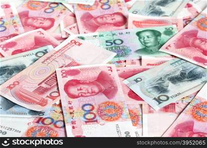 Heap of chinese yuan banknotes