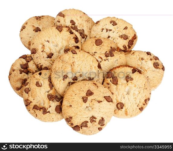 Heap of chocolate chip biscuits isolated over a white background.