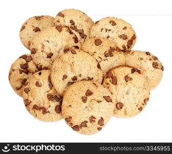 Heap of chocolate chip biscuits isolated over a white background.