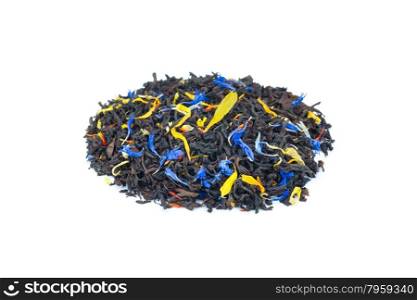 Heap of colorful loose exotic dream tea on white background