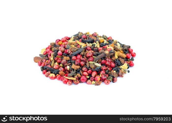 Heap of colourful loose green Chai tea isolated on white background