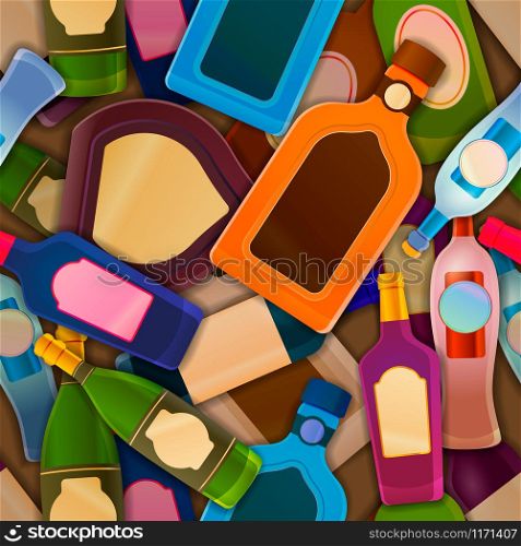 Heap of different glossy bottles with alcohol, seamless pattern. Different glossy bottles with alcohol, seamless pattern