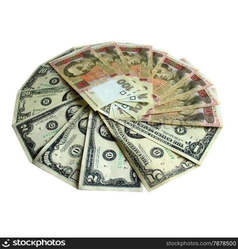 heap of dollars and grivnas banknotes isolated on the white background