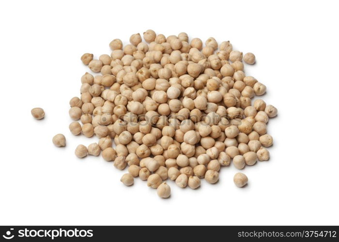 Heap of dried chickpeas on white background